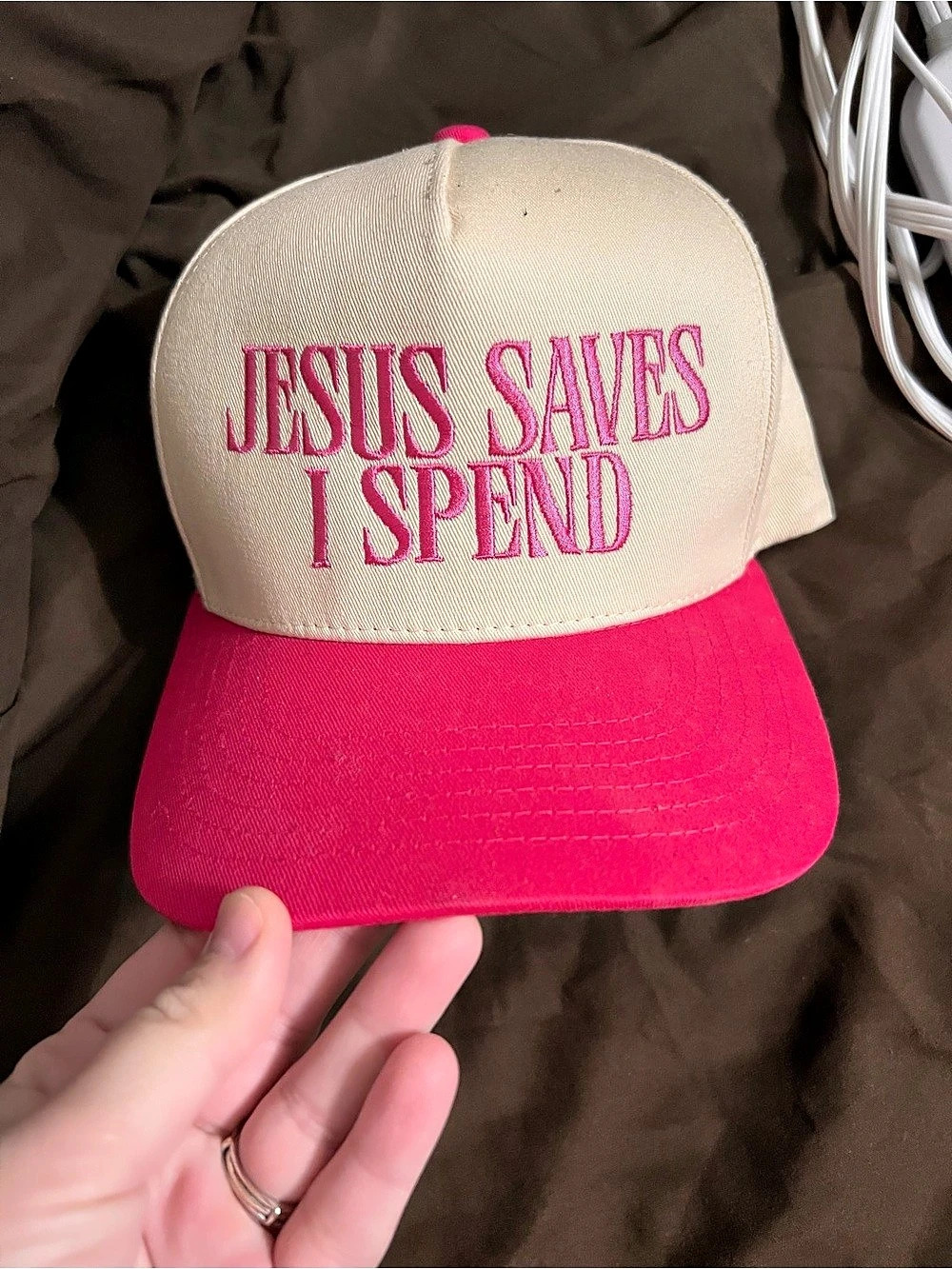 C.C Jesus Saves I Spend Embroidered Hat Pink & Cream
